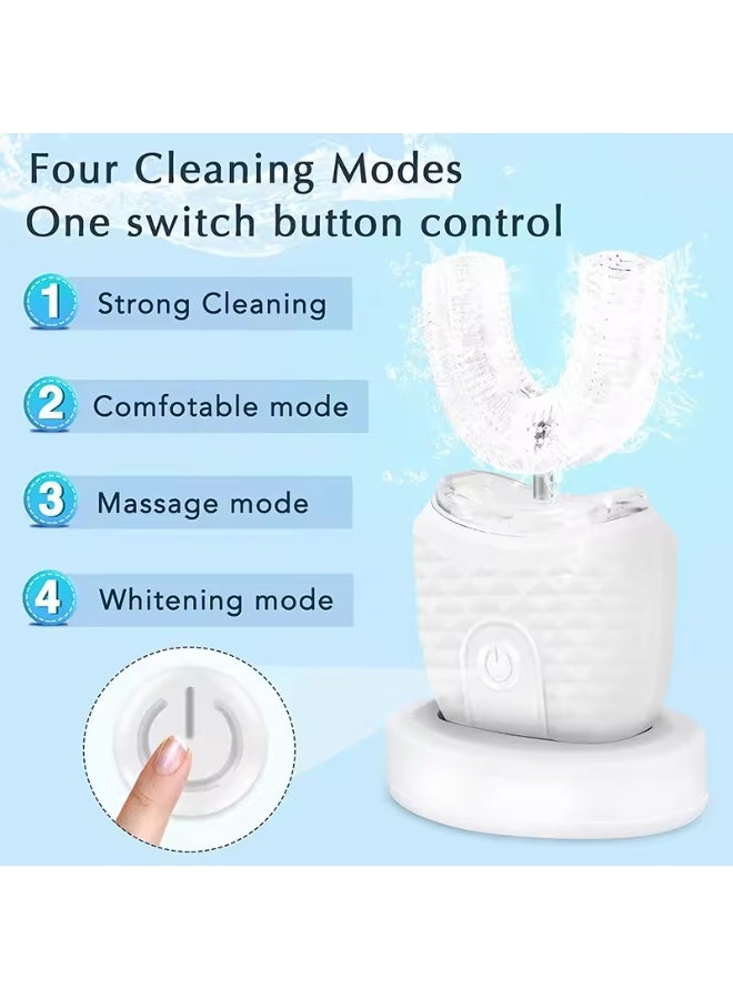 بلو فاير فرشاة أسنان كهربائية بالموجات فوق الصوتية على شكل حرف U للبالغين – تنظيف كامل للفم 360°، تبييض LED، 4 أوضاع تنظيف (قوي، مريح، تدليك، تبييض)، شحن لاسلكي سريع، مقاومة للماء IPX7، فرشاة ذكية تلقائية برأس قابل للإزالة - Image 3